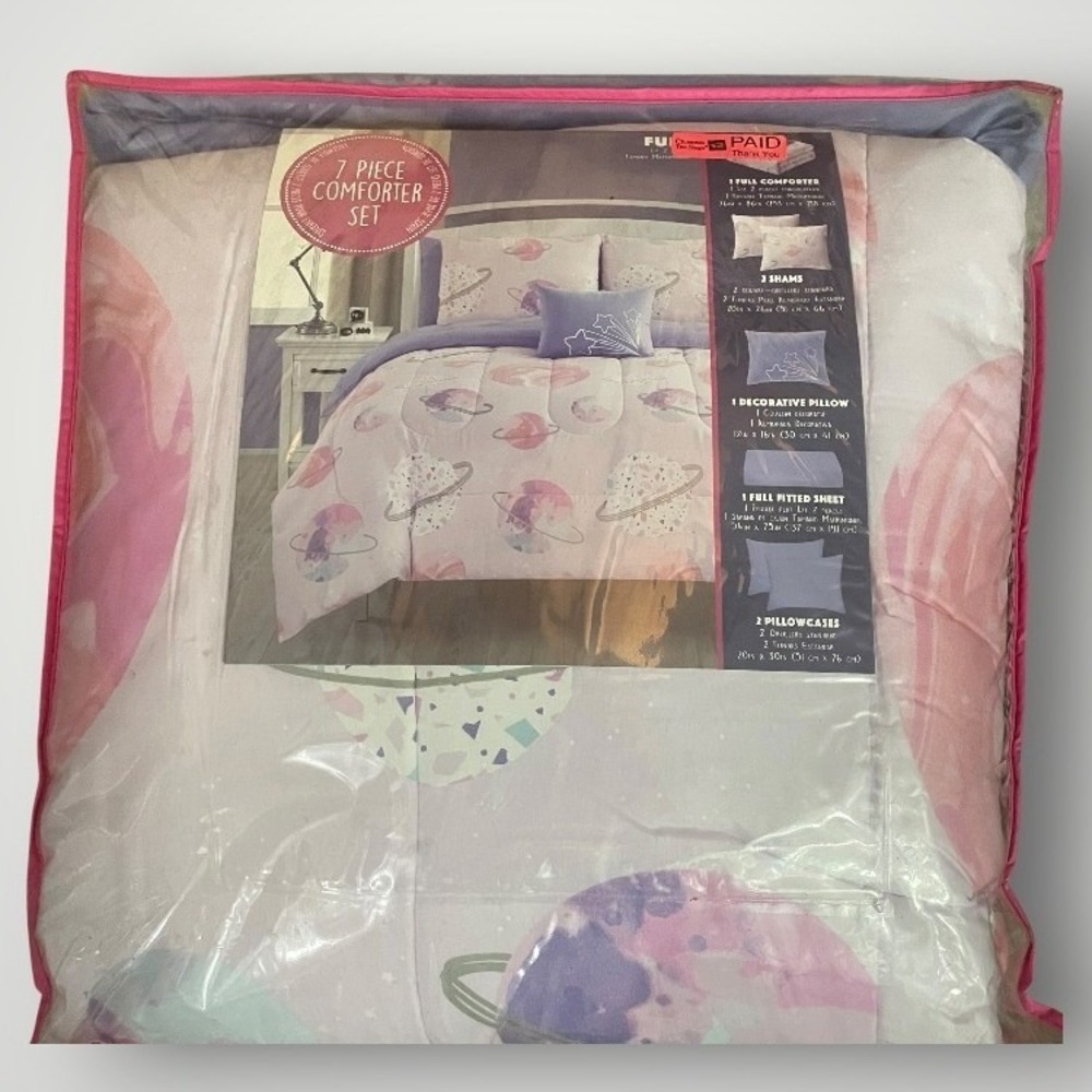 Christmas Tree Shops Comforter Set Kid Full Purple Pink Planet Space 7 Piece NEW